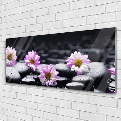 Glass Wall Art Flower stones floral pink white black