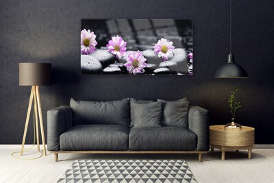 Glass Wall Art Flower stones floral pink white black