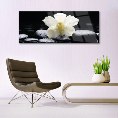 Glass Wall Art Flower stones floral white black