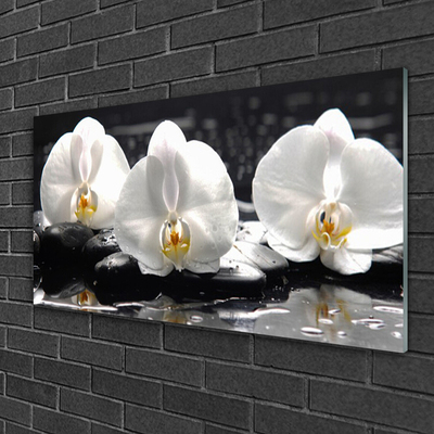 Glass Wall Art Flower stones floral white black
