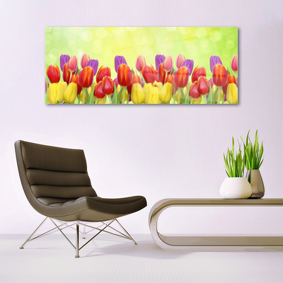 Glass Wall Art Tulips floral yellow red pink