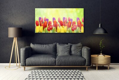 Glass Wall Art Tulips floral yellow red pink