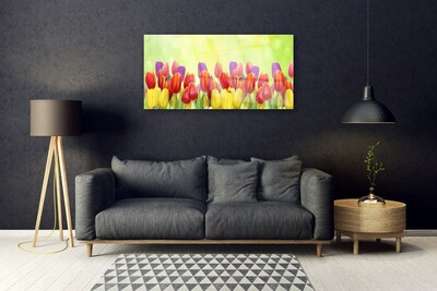 Glass Wall Art Tulips floral yellow red pink