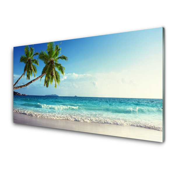 Glass Wall Art Palm trees beach sea landscape brown green grey blue