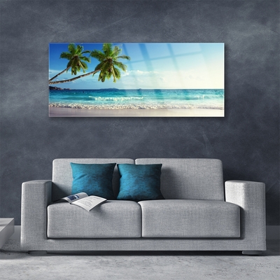 Glass Wall Art Palm trees beach sea landscape brown green grey blue