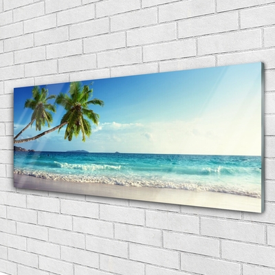 Glass Wall Art Palm trees beach sea landscape brown green grey blue