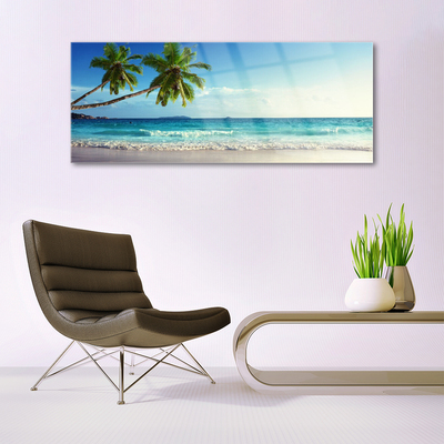 Glass Wall Art Palm trees beach sea landscape brown green grey blue