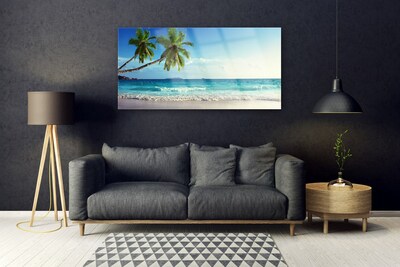 Glass Wall Art Palm trees beach sea landscape brown green grey blue