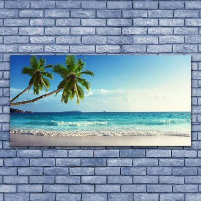 Glass Wall Art Palm trees beach sea landscape brown green grey blue