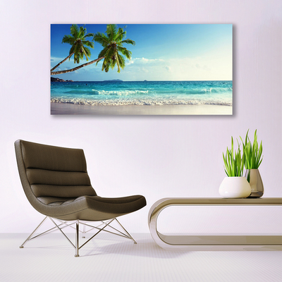 Glass Wall Art Palm trees beach sea landscape brown green grey blue