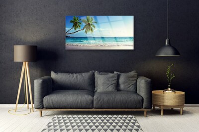 Glass Wall Art Palm trees beach sea landscape brown green grey blue