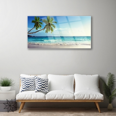 Glass Wall Art Palm trees beach sea landscape brown green grey blue