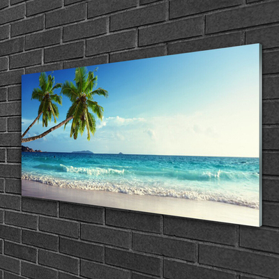 Glass Wall Art Palm trees beach sea landscape brown green grey blue