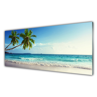 Glass Wall Art Palm trees beach sea landscape brown green grey blue