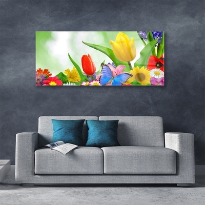 Glass Wall Art Butterfly flowers nature multi