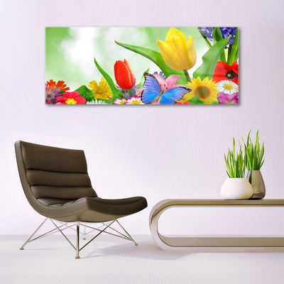 Glass Wall Art Butterfly flowers nature multi