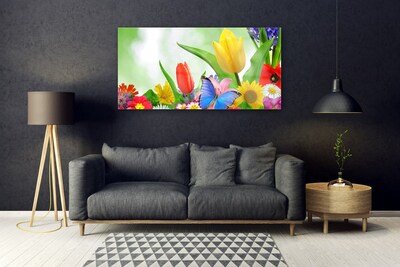 Glass Wall Art Butterfly flowers nature multi