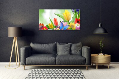 Glass Wall Art Butterfly flowers nature multi