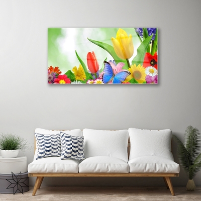 Glass Wall Art Butterfly flowers nature multi