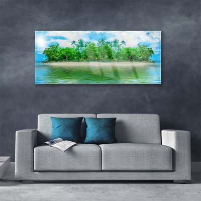 Glass Wall Art Sea island landscape blue brown green