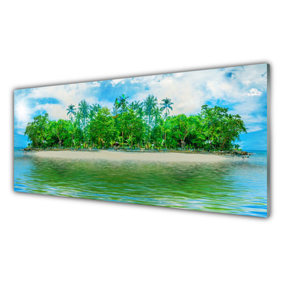 Glass Wall Art Sea island landscape blue brown green