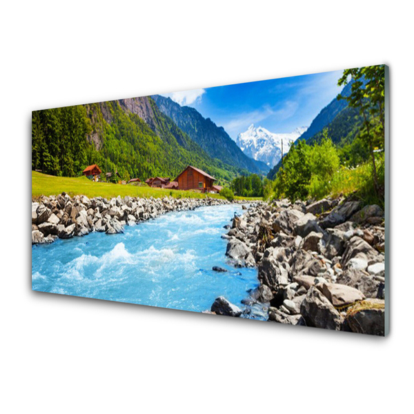 Glass Wall Art Mountains stones lake landscape green grey blue