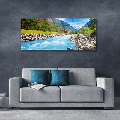 Glass Wall Art Mountains stones lake landscape green grey blue