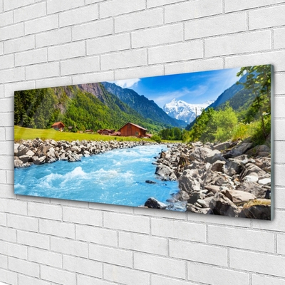 Glass Wall Art Mountains stones lake landscape green grey blue