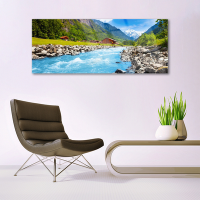 Glass Wall Art Mountains stones lake landscape green grey blue