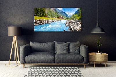 Glass Wall Art Mountains stones lake landscape green grey blue