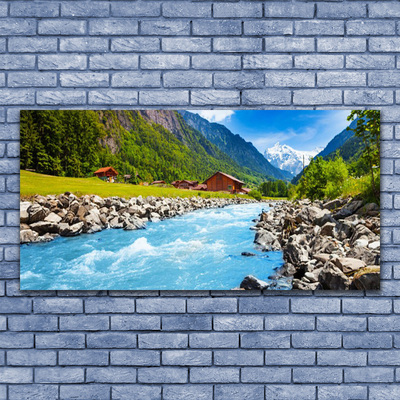 Glass Wall Art Mountains stones lake landscape green grey blue