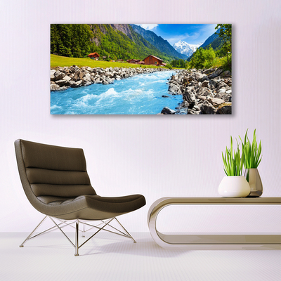 Glass Wall Art Mountains stones lake landscape green grey blue