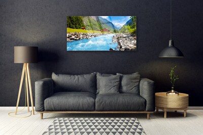 Glass Wall Art Mountains stones lake landscape green grey blue