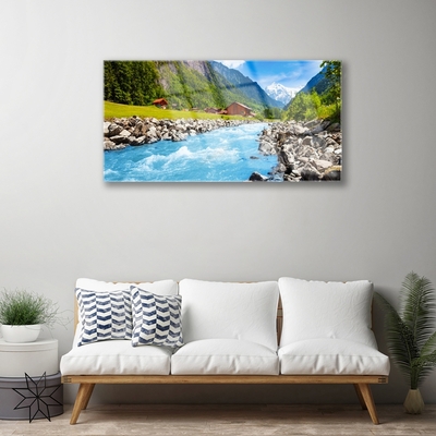 Glass Wall Art Mountains stones lake landscape green grey blue