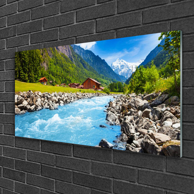 Glass Wall Art Mountains stones lake landscape green grey blue