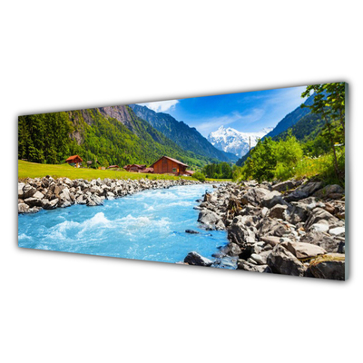 Glass Wall Art Mountains stones lake landscape green grey blue