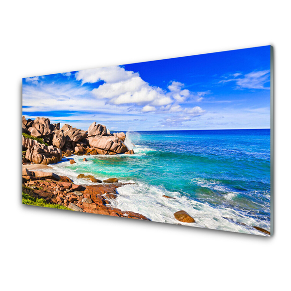 Glass Wall Art Beach rocks sea landscape brown grey blue