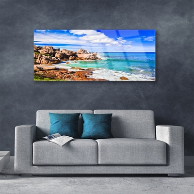 Glass Wall Art Beach rocks sea landscape brown grey blue