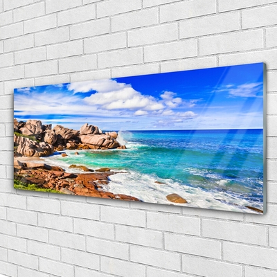 Glass Wall Art Beach rocks sea landscape brown grey blue