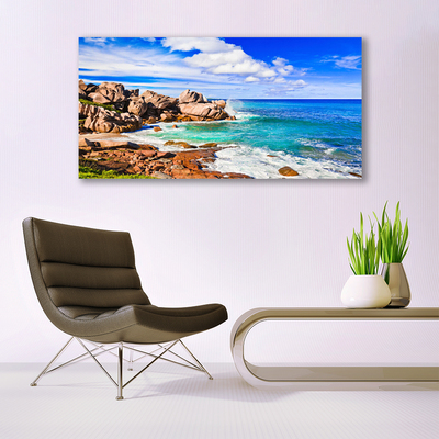 Glass Wall Art Beach rocks sea landscape brown grey blue