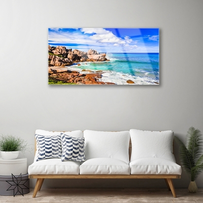 Glass Wall Art Beach rocks sea landscape brown grey blue