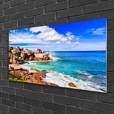 Glass Wall Art Beach rocks sea landscape brown grey blue