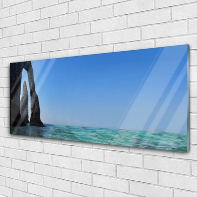 Glass Wall Art Rock sea landscape grey blue