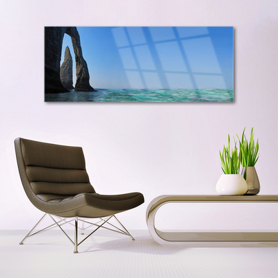 Glass Wall Art Rock sea landscape grey blue