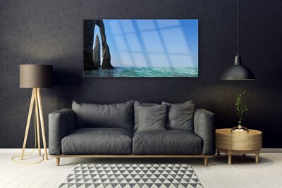 Glass Wall Art Rock sea landscape grey blue