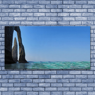 Glass Wall Art Rock sea landscape grey blue