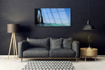 Glass Wall Art Rock sea landscape grey blue