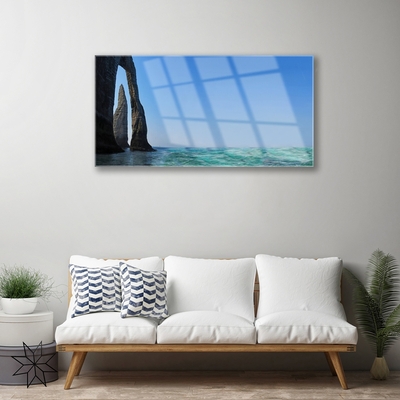 Glass Wall Art Rock sea landscape grey blue