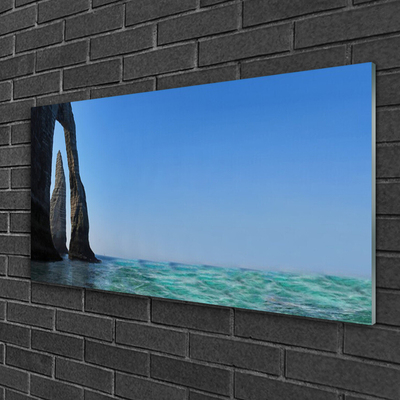 Glass Wall Art Rock sea landscape grey blue