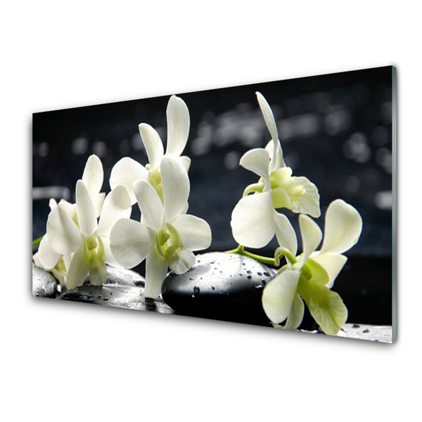 Glass Wall Art Flower stones floral white black